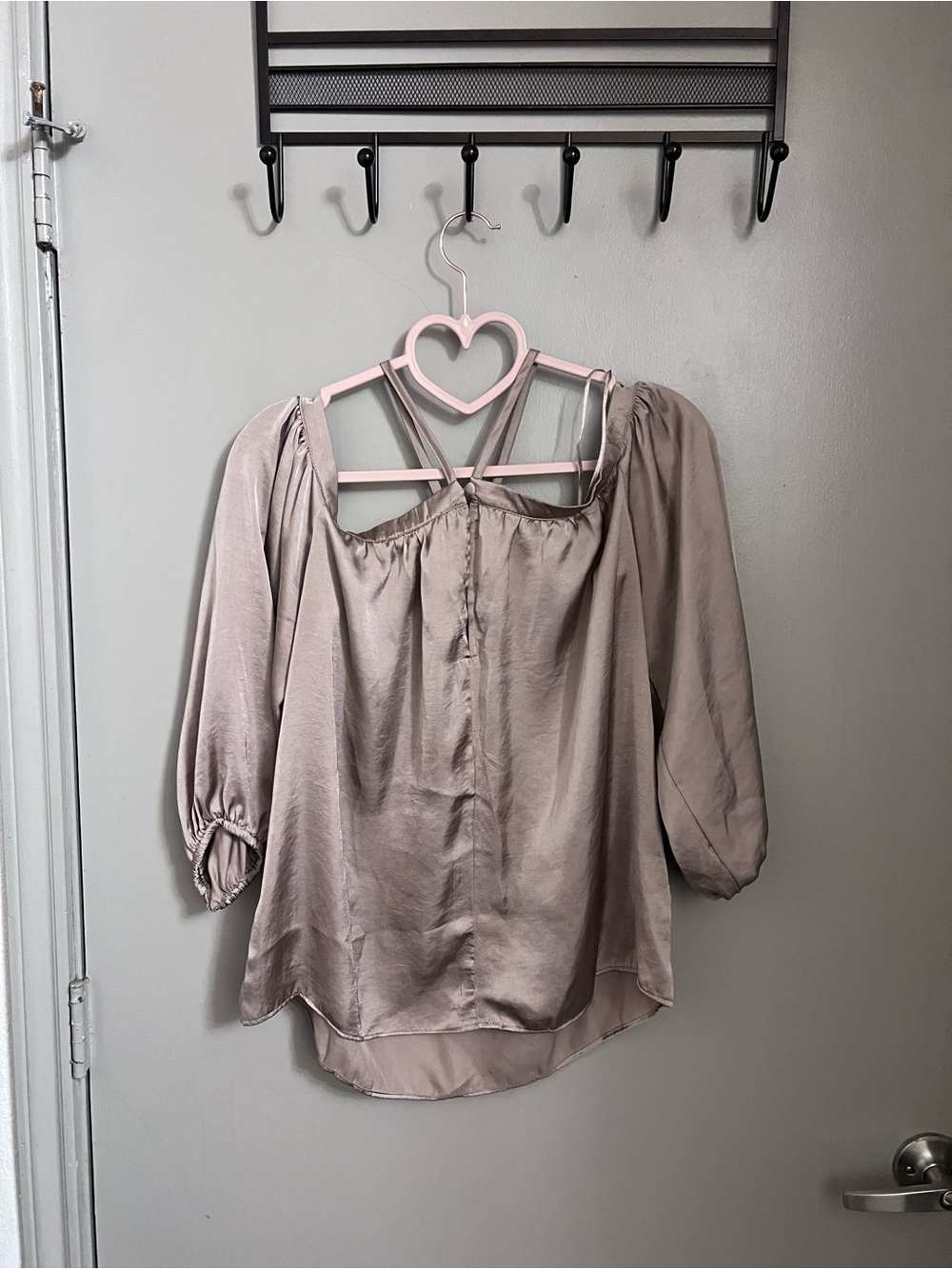 Women’s Dusty Mauve Satin Peasant Blouse with Strappy Back
